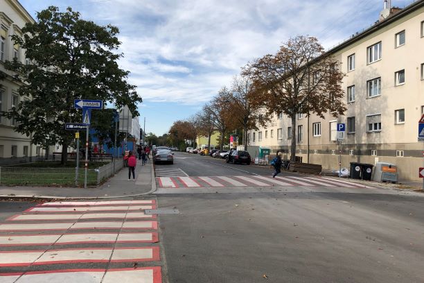 Zebrastreifen vor der Volksschule Erlaaer Straße