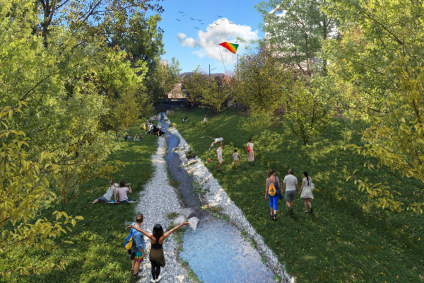 Rendering mit dem renatuierten Liesingbach, viele Personen links und rechts auf den Wiesen neben einem natürlichen Bachlauf