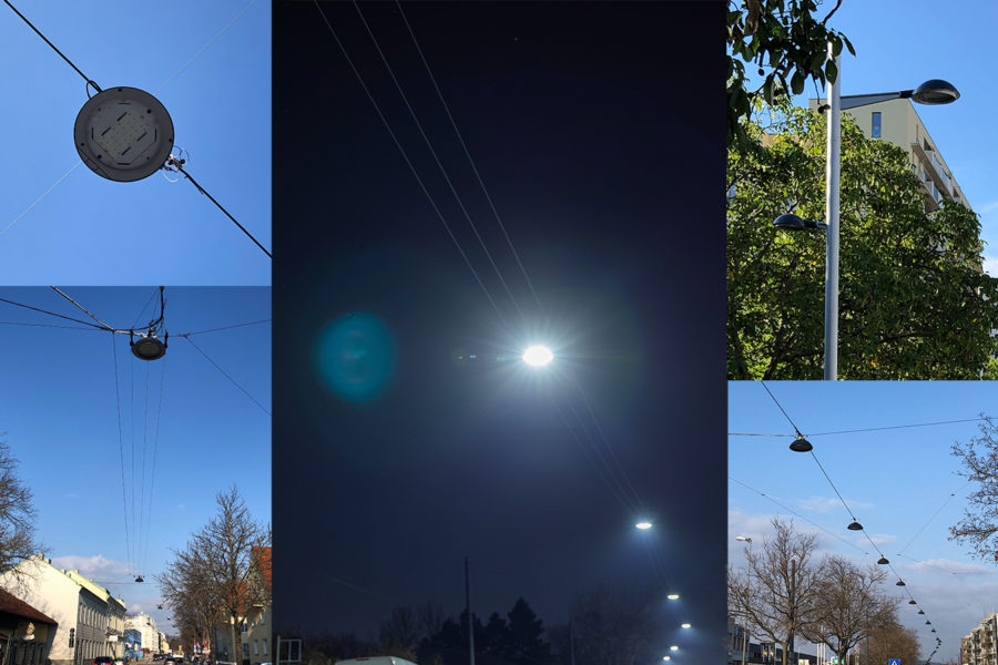 Collage aus verschieden Fotos von LED Lampen bei Tag und Nacht