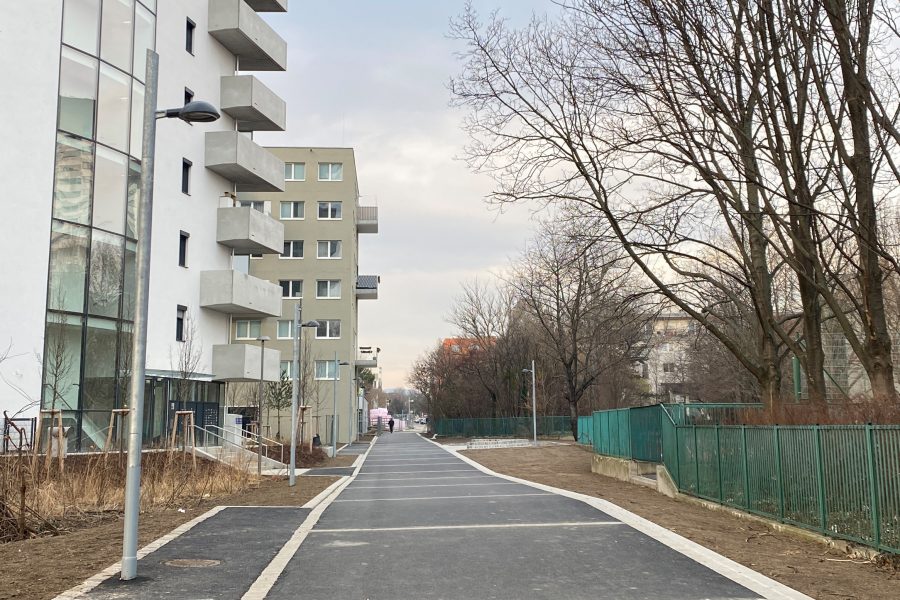links Wohnhäuser, in der Mitte ein Weg, rechts ein Zaun