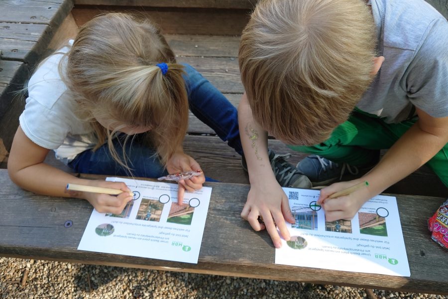2 Kinder füllen Fragebögen aus