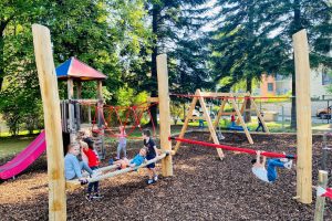 mehrere Kids auf einem Spielgerät, Baume im Hintergrund, Rindenmulch im Vordergrund