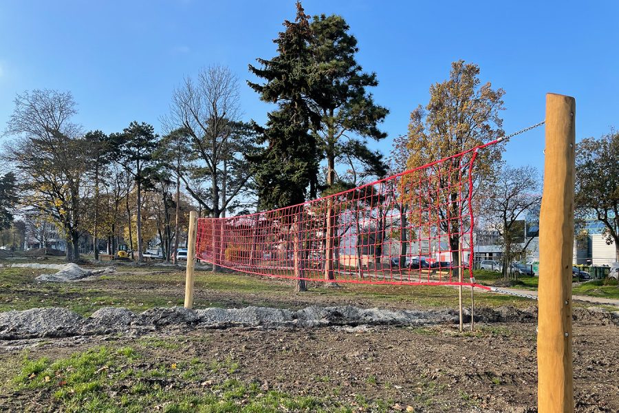 Volleyballnetz im Vordergrund, Bäume im Hintergrund