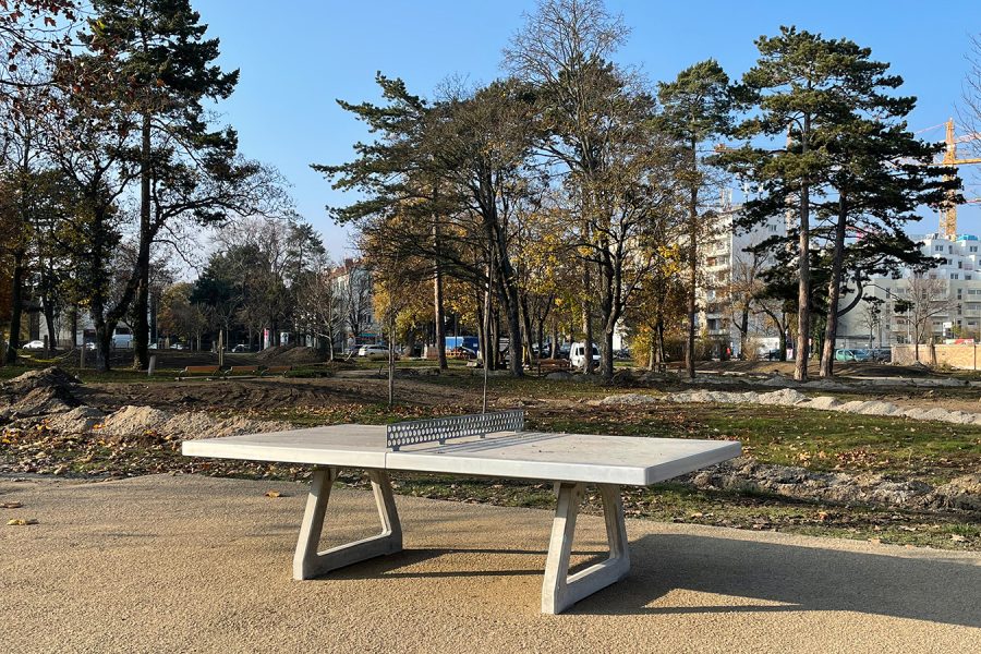Tischtennistisch aus Stein im Vordergrund, Bäume im Hintergrund