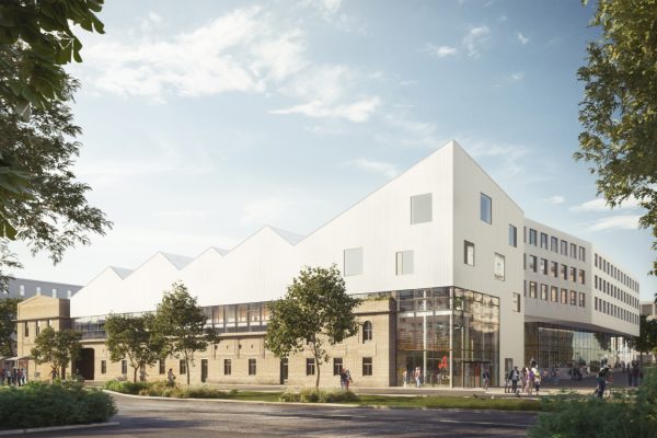 Rendering der künftigen Fabrik1230 von der Straße her,unten der denkmalgeshützte Sichtziegelbereich, oben eine weiße neue Fassade, davor Bäume