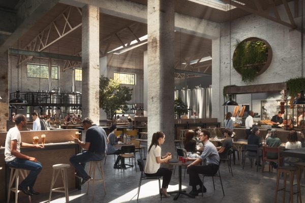 Rendering einer Restaurantsituation mit Fabriksflair, Personen sitzen an der Bar und auf Tischen