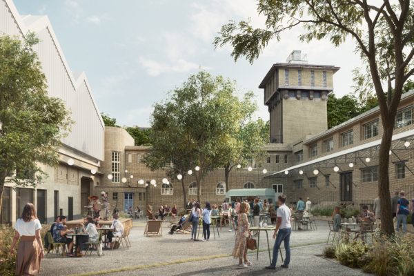 Rendering des künftigen Innenhofs der Fabrik1230 mit Bäumen, Girlanden und Personen, die an Tischen sitzen und sich unterhalten, im Hintergrund sieht man den bestehenden Turm der alten Sargfabrik