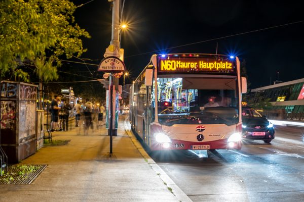 Nachtbus N 60 der Wiener LInien, bei Nacht in einer Station stehend, links im Bild Blätter eines Baumes
